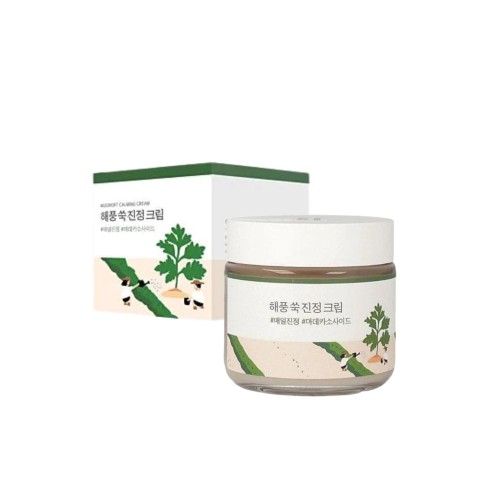 ROUND LAB Mugwort Calming Cream - kojący krem do twarzy z bylicą, słoik 80 ml z pudełkiem na białym tle.