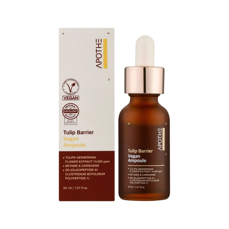 APOTHE Tulip Barrier Vegan Ampoule ampułka wegańska 30 ml - butelka z pipetą i opakowanie, widok produktu z przodu.