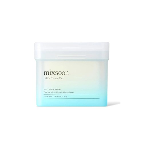Mixsoon Bifida Toner Pad - płatki tonujące w przezroczystym pojemniku z białą pokrywką, widok frontalny.
