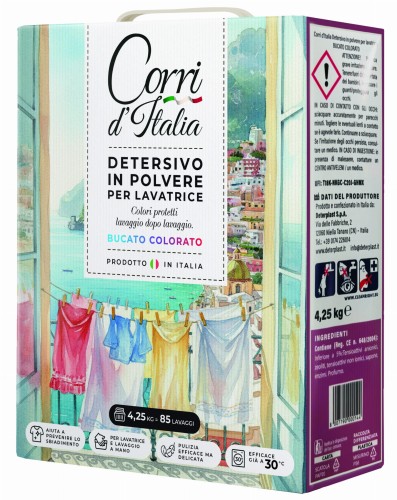 Corri d'Italia proszek do prania kolorów 4,25 kg - opakowanie kartonowe z uchwytem, widok z przodu i boku.