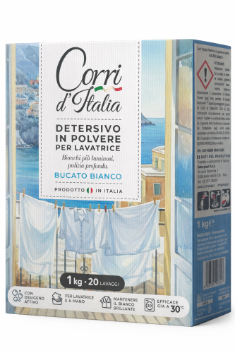 Corri d'Italia proszek do prania białego Bucato Bianco 1kg - opakowanie kartonowe, widok 3/4 z przodu i boku.