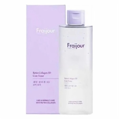 Fraijour Retin-Collagen 3D Core Toner - tonik przeciwstarzeniowy 250 ml, biała butelka z fioletowym pudełkiem, widok frontalny całego opakowania.