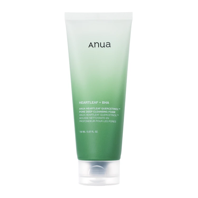 Anua Heartleaf Quercetinol Pore Deep Cleansing Foam - pianka oczyszczająca 150 ml, gradient od białego do zielonego, widok z przodu opakowania.