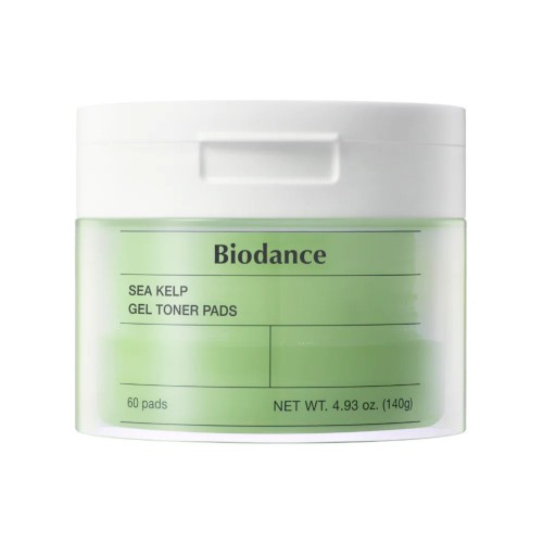 Biodance Sea Kelp Gel Toner Pads żelowe płatki tonizujące - opakowanie słoika z białą pokrywką i zieloną etykietą, widok frontalny.