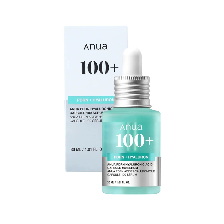 Anua 100+ PDRN + Hyaluron serum intensywnie odbudowujące - buteleczka z pipetą i opakowanie na białym tle.