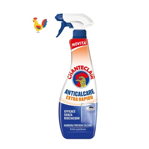 Chante Clair odkamieniacz Extra Rapido spray 625 ml - butelka z rozpylaczem, widok z przodu na białym tle z ikoną kurczaka po lewej stronie.