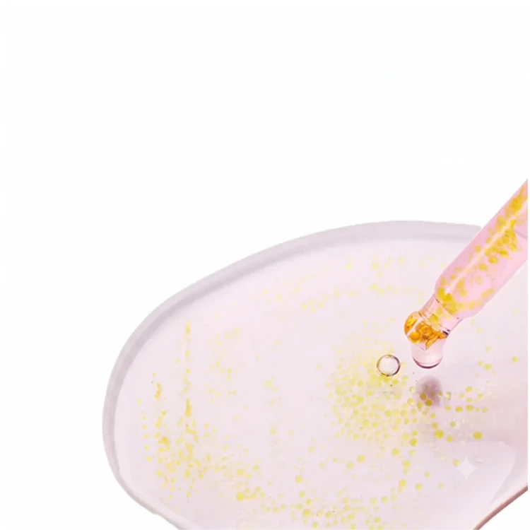 PURITO Seoul TXA 6 Niacinamide 10 Retinal Serum - serum w różowej buteleczce z pompką, z żółtymi drobinkami i kroplą produktu, zblizenie.