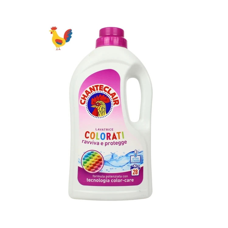 Chante Clair Lavatrice Colorati płyn do prania tkanin kolorowych 1260ml - biała butelka z różowym etykietą i magenta korkiem, widok z przodu.