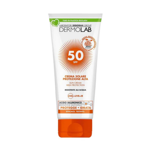 Dermolab Crema Solare SPF 50 krem przeciwsłoneczny - tubo w białym opakowaniu z pomarańczowym dnem, widok z przodu.