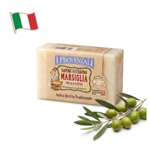 I Provenzali mydło Marsiglia z oliwą – kostka 150g z gałązkę oliwną, widok produktu na białym tle.