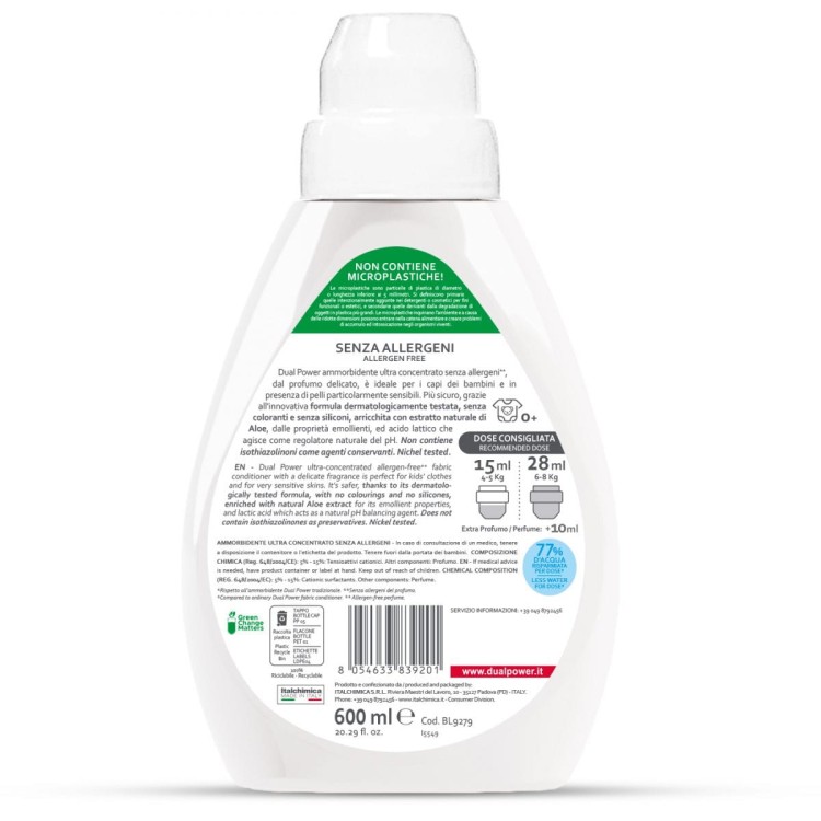 Dual Power płyn do płukania Senza Allergeni 600 ml - biała butelka, widok z przodu opakowania