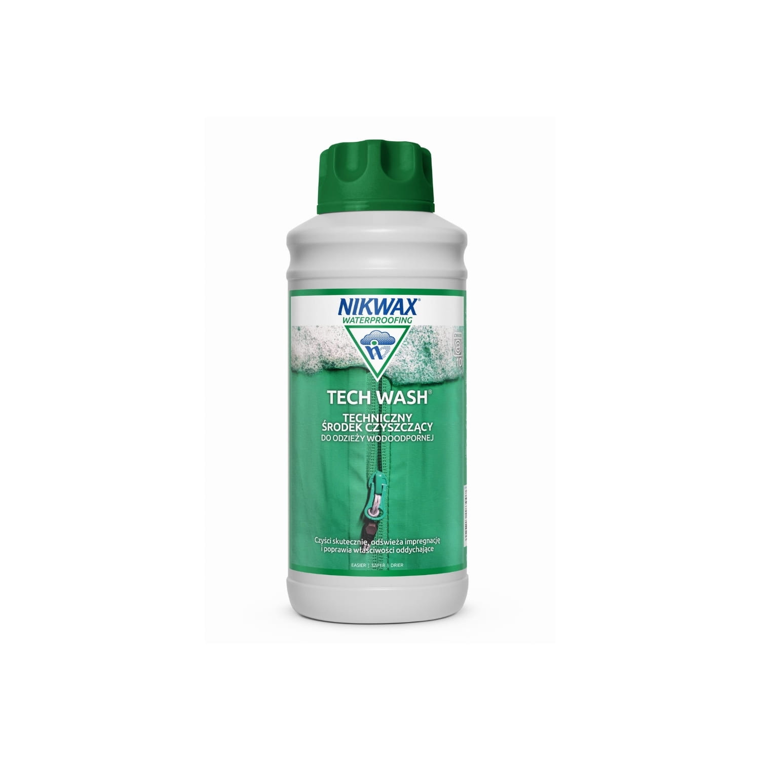 Nikwax Tech Wash płyn do prania odzieży wodoodpornej 1000ml - biała butelka z zielonym korkiem, widok frontalny.