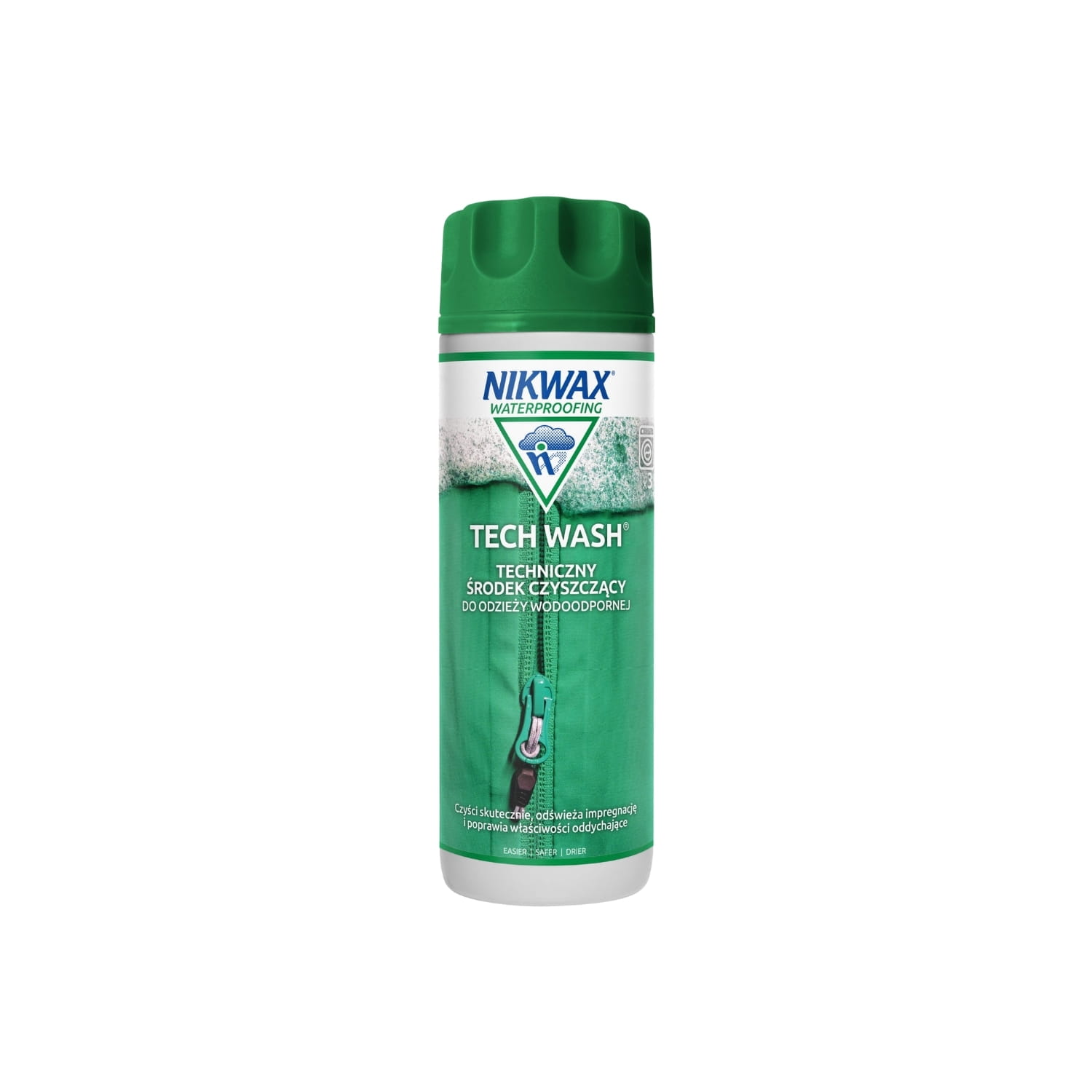 Nikwax Tech Wash płyn do prania odzieży wodoodpornej 300ml - butelka ze zielonym górnym elementem na białym tle, widok z przodu.