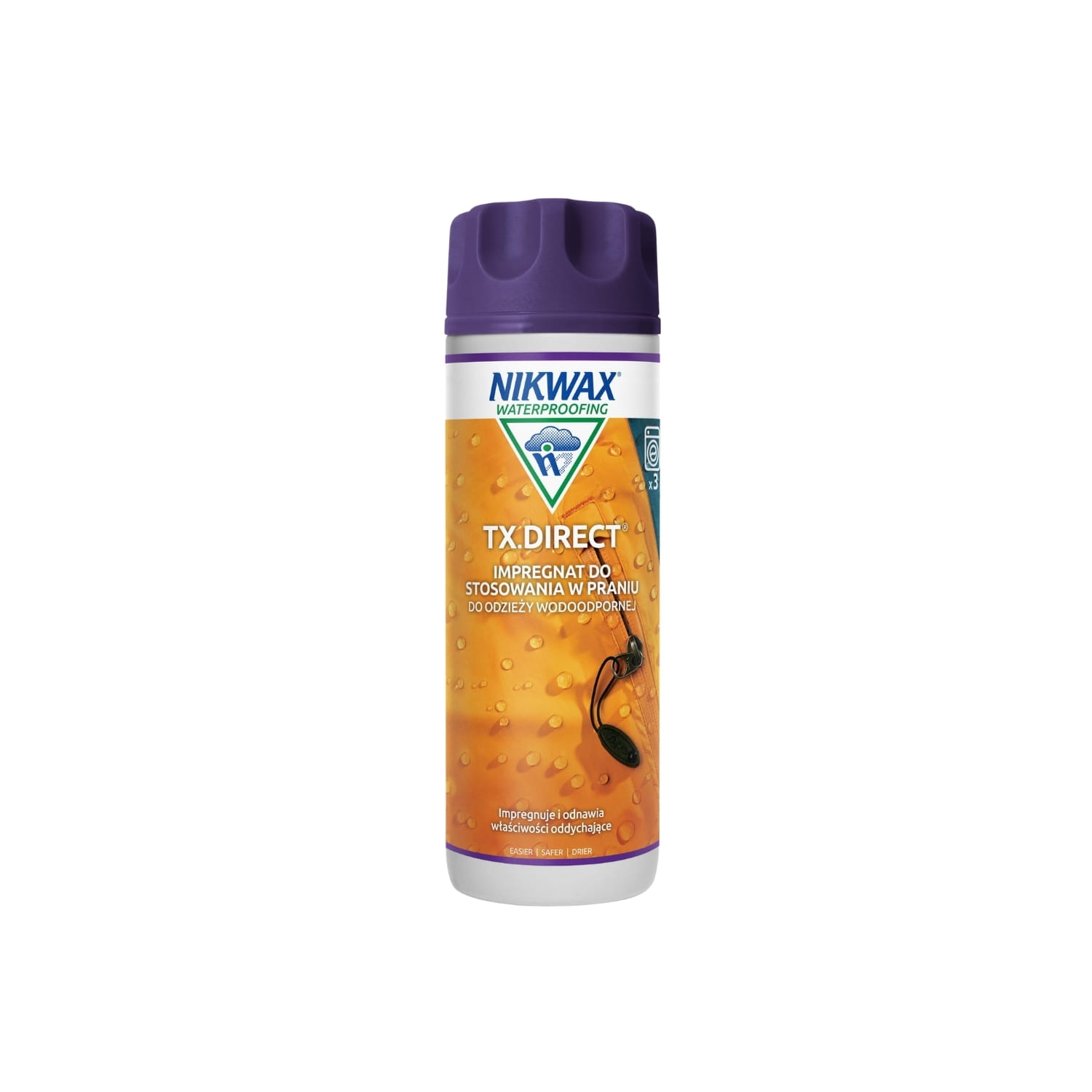 Nikwax TX.Direct impregnat do odzieży 300 ml - butelka z purpurowym rozpylaczem na białym tle, widok z przodu.